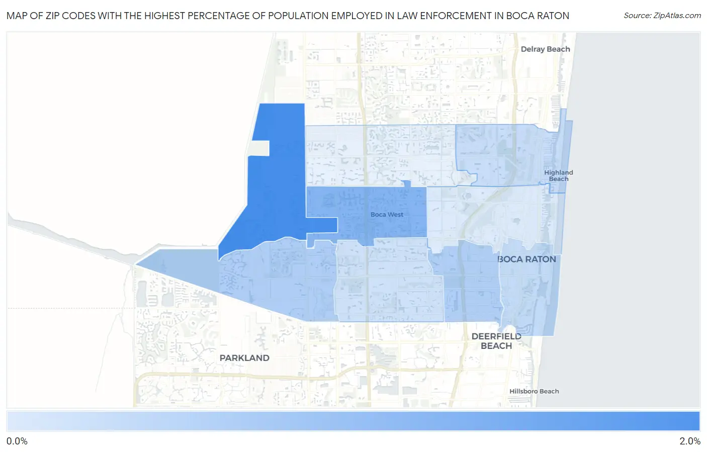 Zip Codes with the Highest Percentage of Population Employed in Law Enforcement in Boca Raton Map