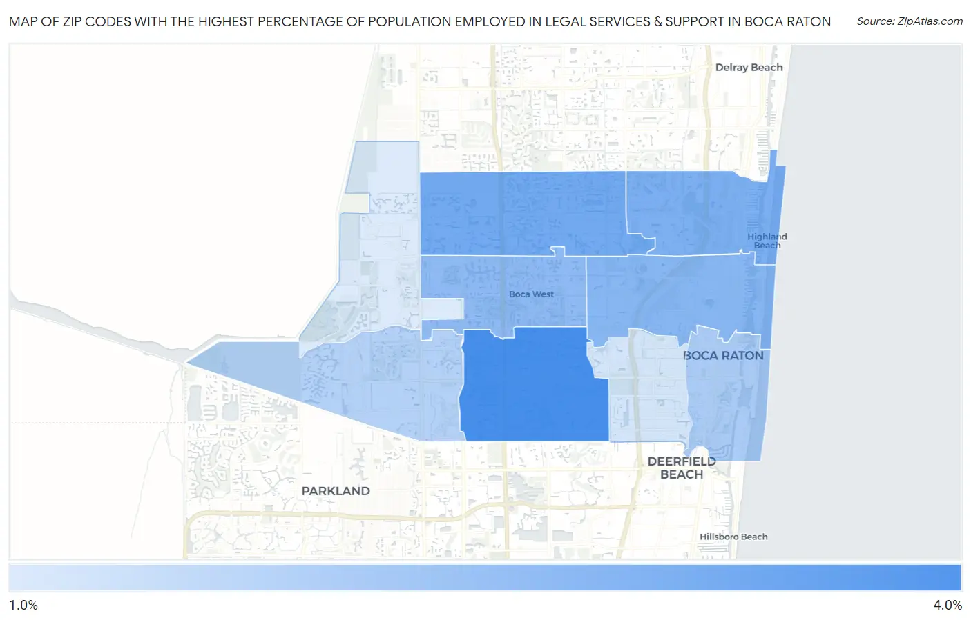 Zip Codes with the Highest Percentage of Population Employed in Legal Services & Support in Boca Raton Map