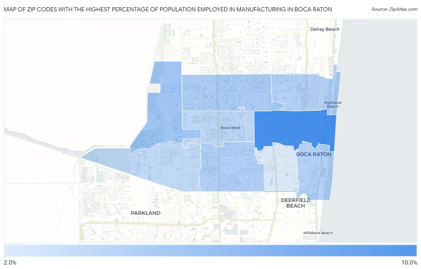 Zip Codes with the Highest Percentage of Population Employed in Manufacturing in Boca Raton Map