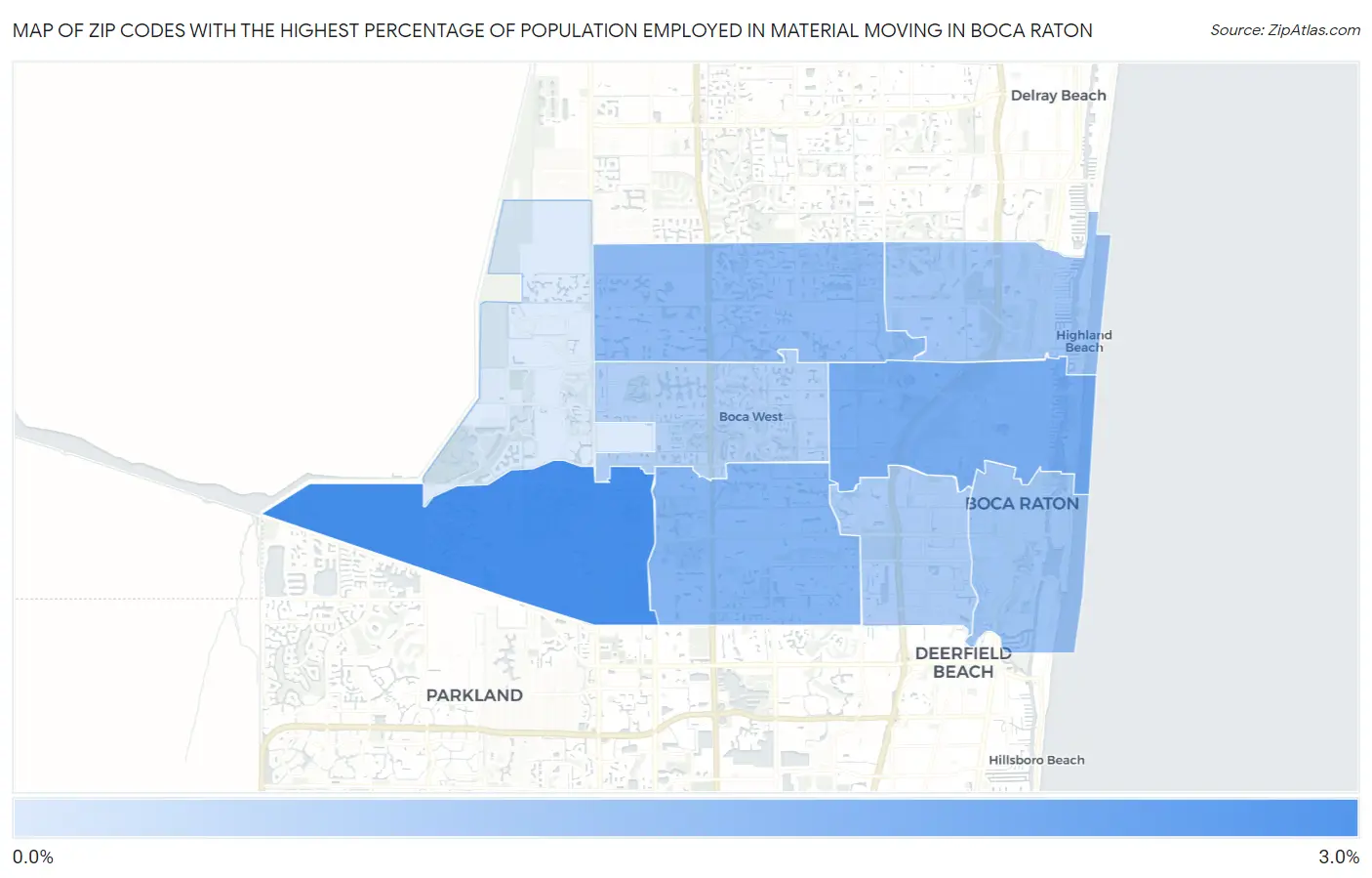 Zip Codes with the Highest Percentage of Population Employed in Material Moving in Boca Raton Map