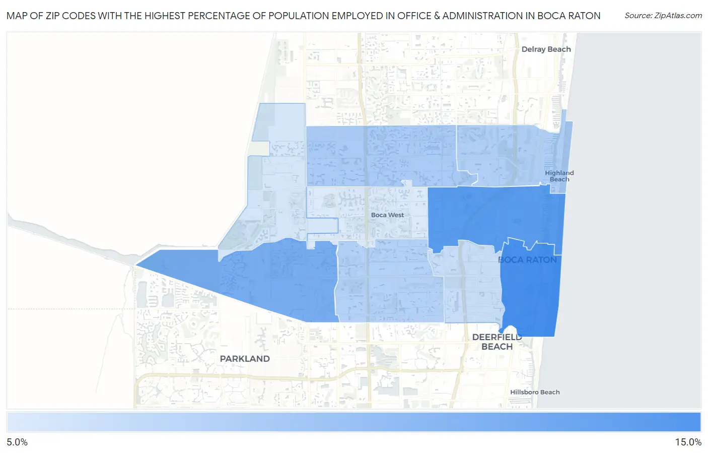Zip Codes with the Highest Percentage of Population Employed in Office & Administration in Boca Raton Map