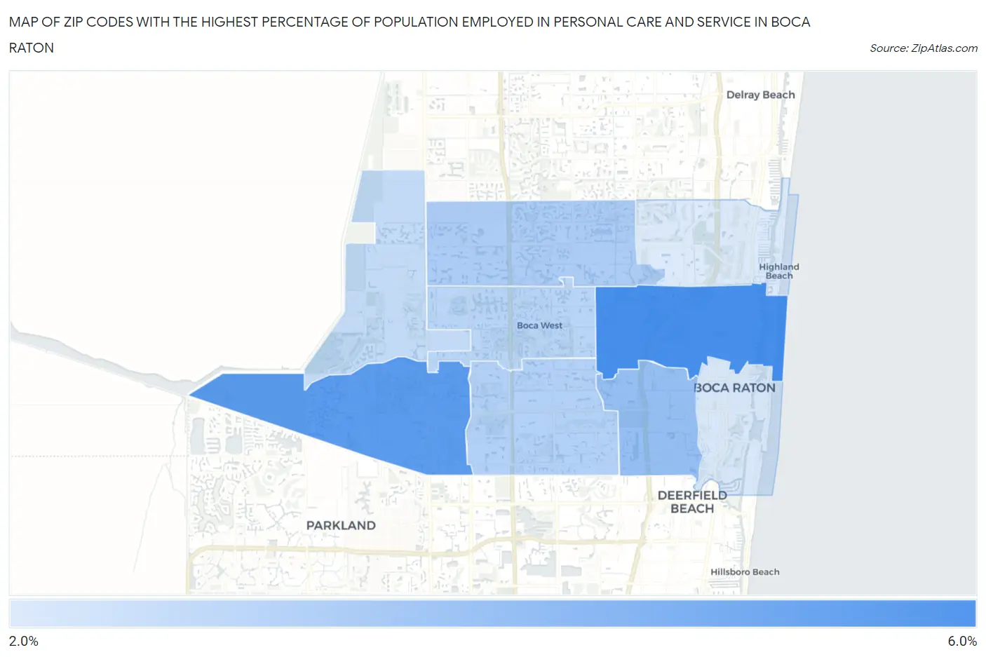 Zip Codes with the Highest Percentage of Population Employed in Personal Care and Service in Boca Raton Map