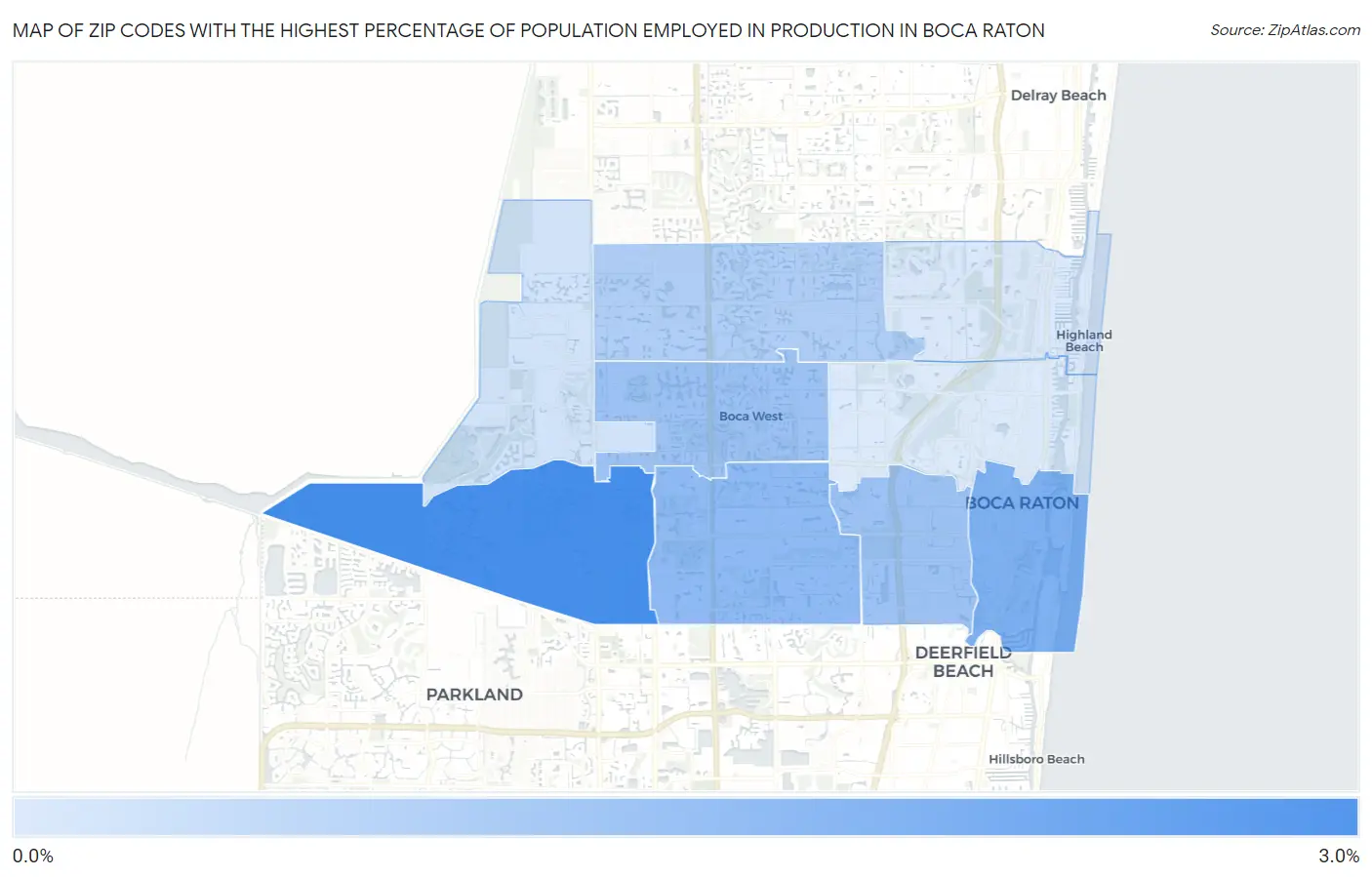 Zip Codes with the Highest Percentage of Population Employed in Production in Boca Raton Map