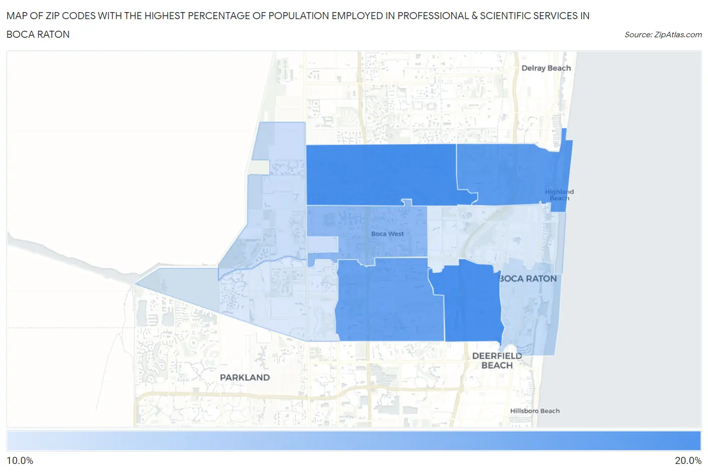 Zip Codes with the Highest Percentage of Population Employed in Professional & Scientific Services in Boca Raton Map