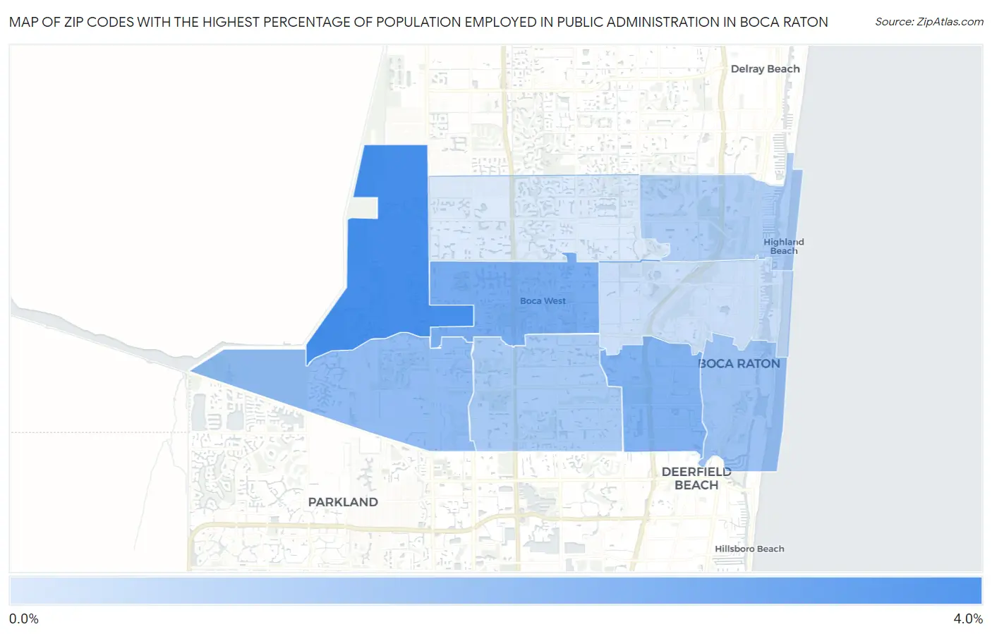 Zip Codes with the Highest Percentage of Population Employed in Public Administration in Boca Raton Map