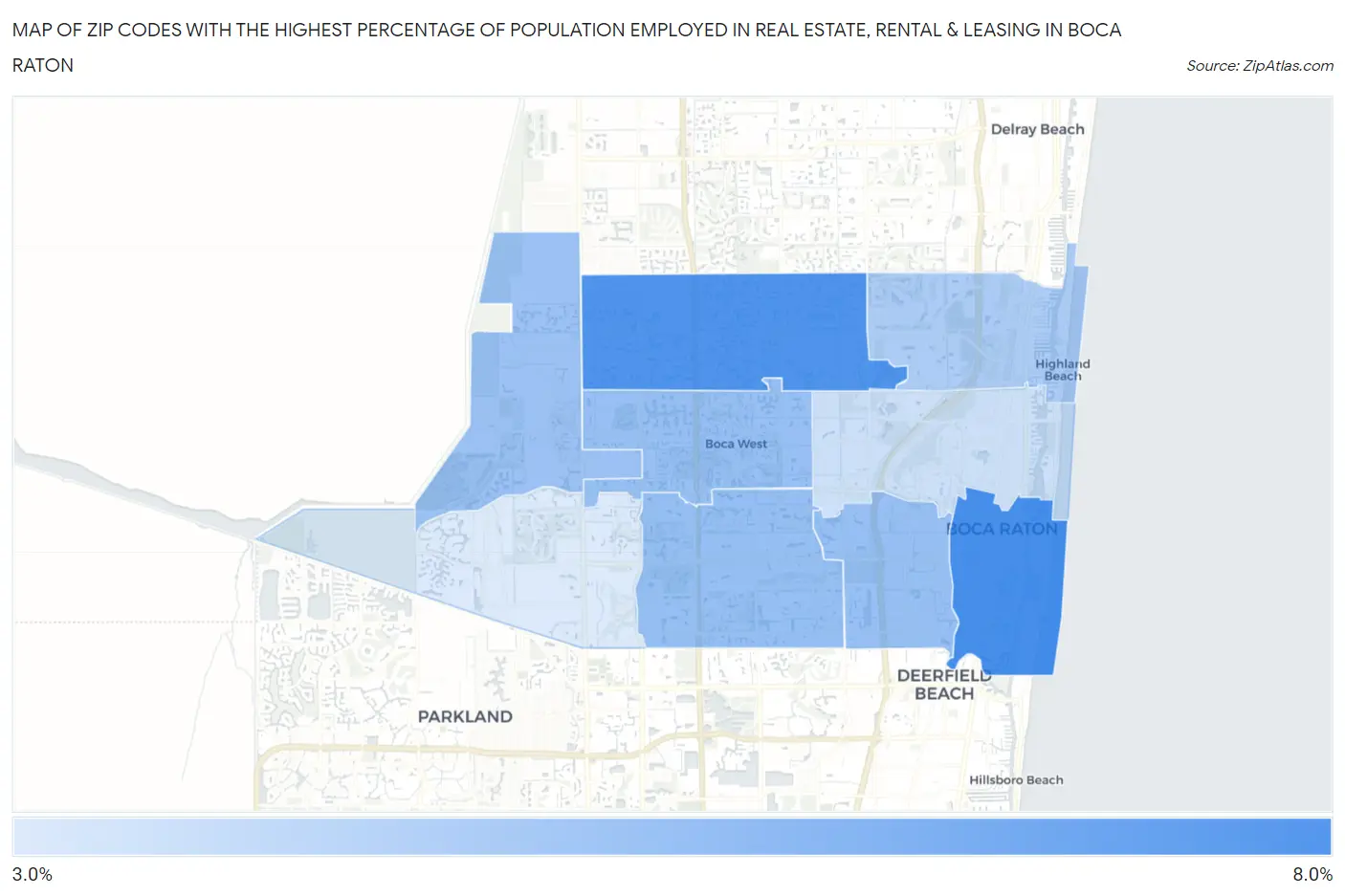Zip Codes with the Highest Percentage of Population Employed in Real Estate, Rental & Leasing in Boca Raton Map