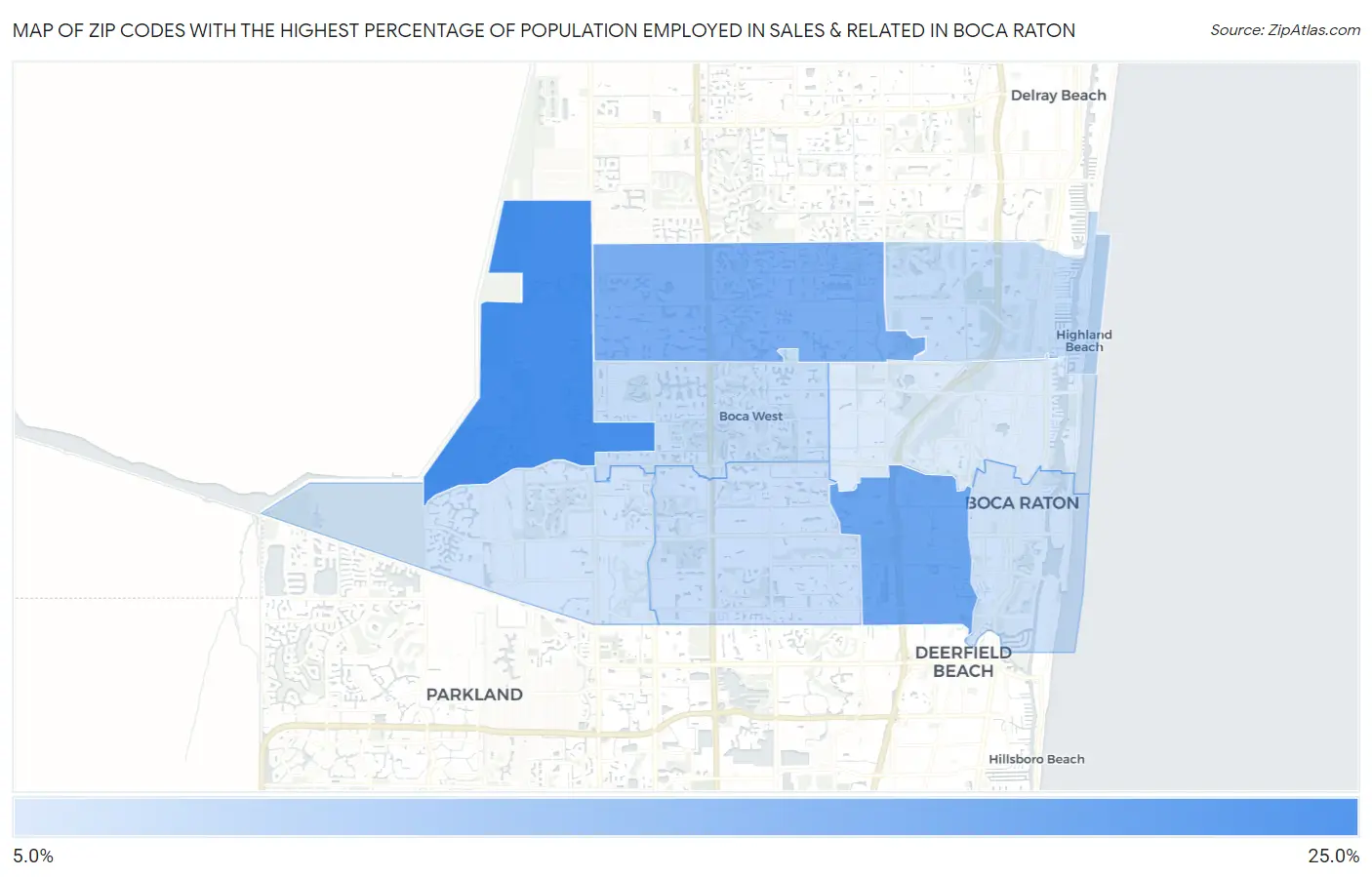 Zip Codes with the Highest Percentage of Population Employed in Sales & Related in Boca Raton Map