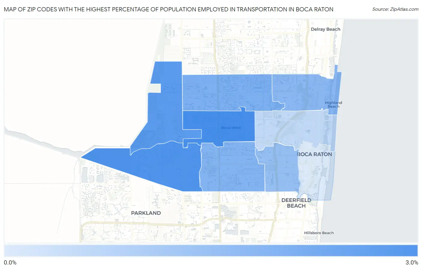 Zip Codes with the Highest Percentage of Population Employed in Transportation in Boca Raton Map