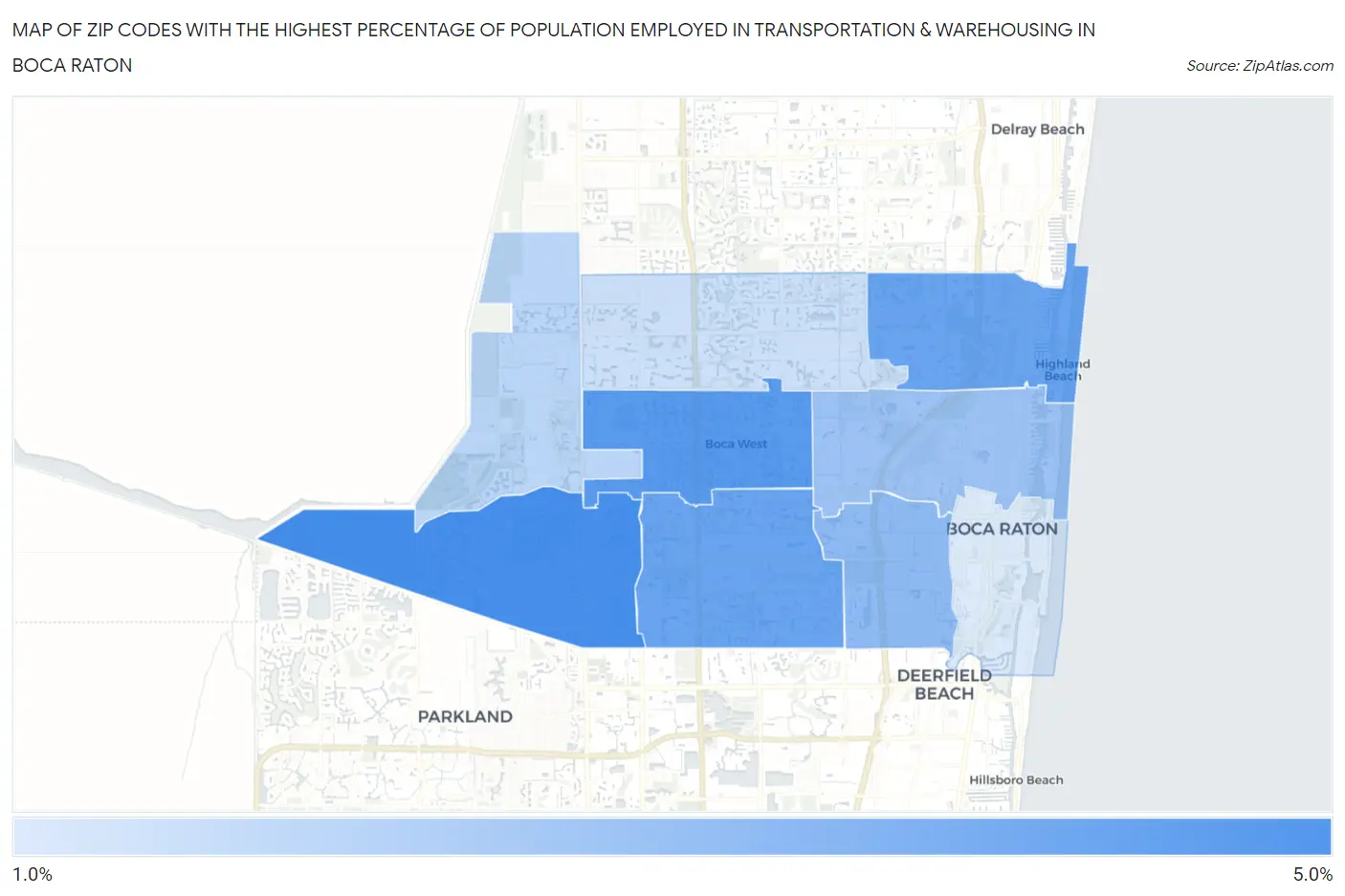 Zip Codes with the Highest Percentage of Population Employed in Transportation & Warehousing in Boca Raton Map