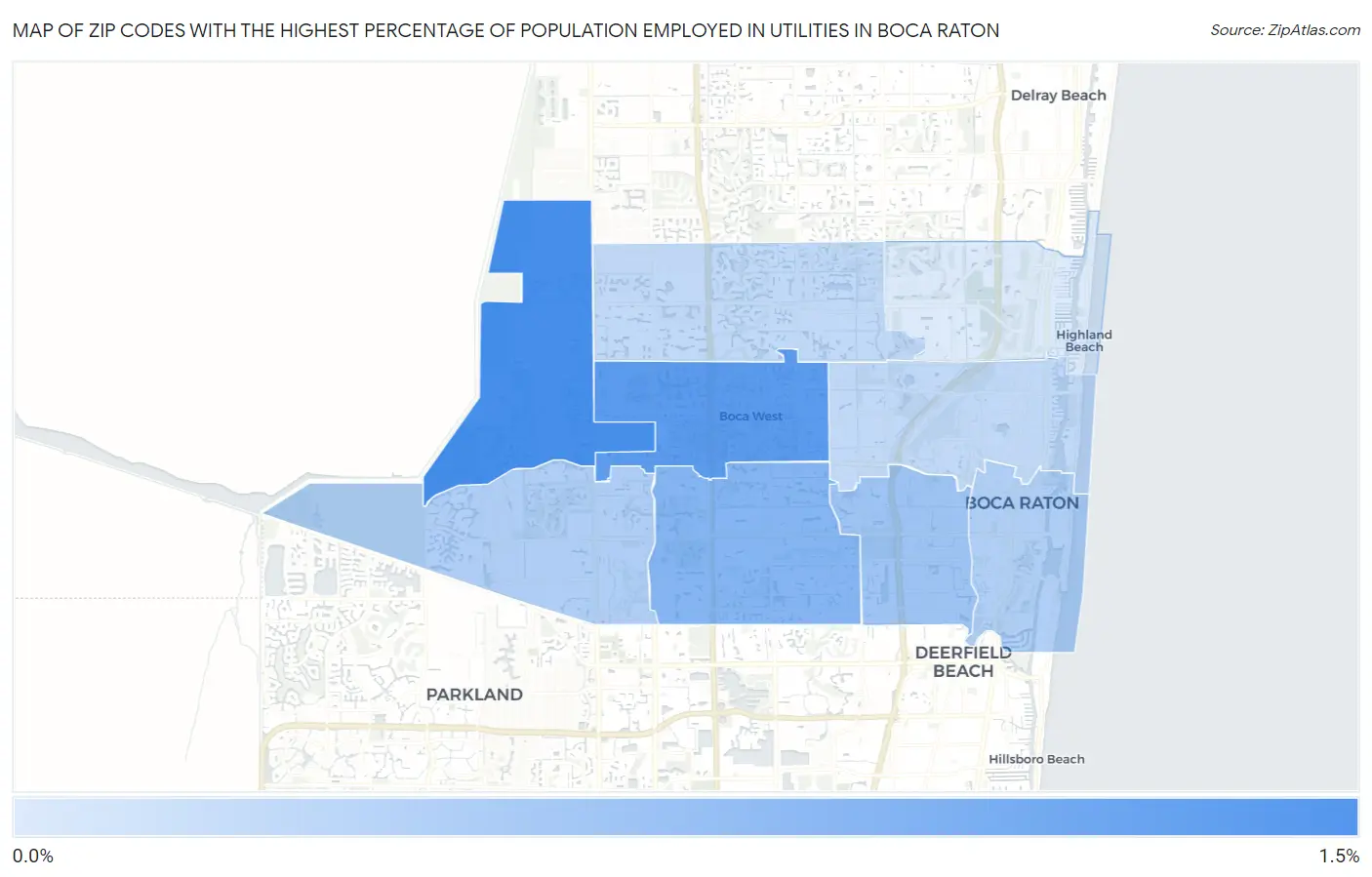 Zip Codes with the Highest Percentage of Population Employed in Utilities in Boca Raton Map
