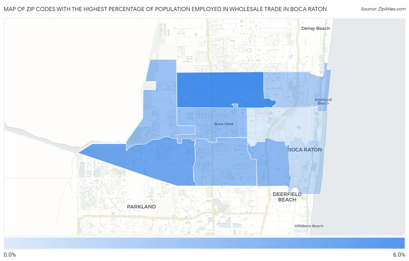Zip Codes with the Highest Percentage of Population Employed in Wholesale Trade in Boca Raton Map