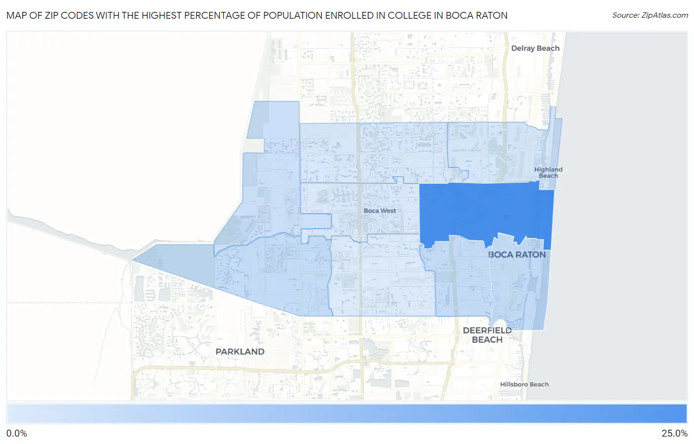 Zip Codes with the Highest Percentage of Population Enrolled in College in Boca Raton Map