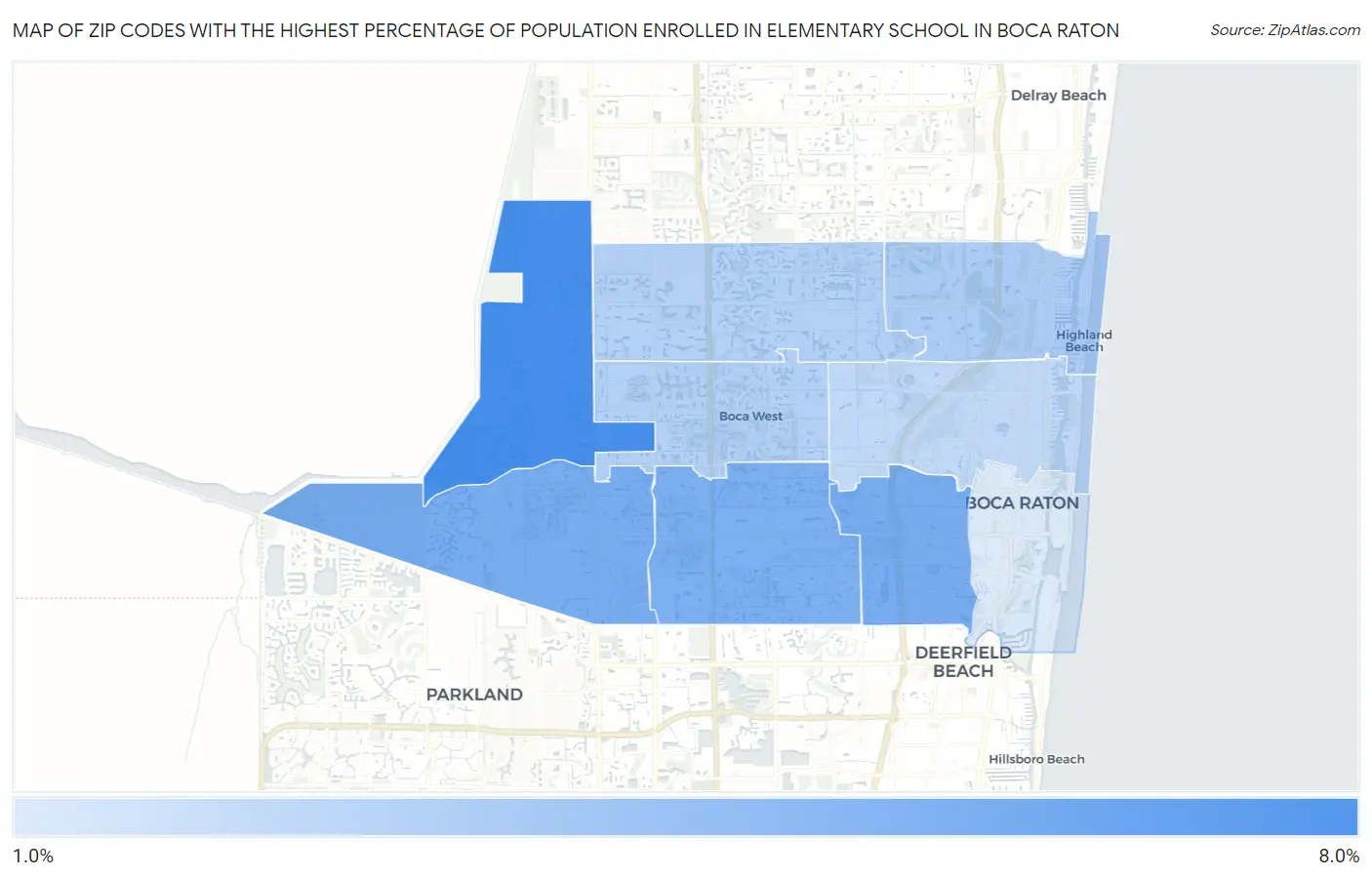 Zip Codes with the Highest Percentage of Population Enrolled in Elementary School in Boca Raton Map