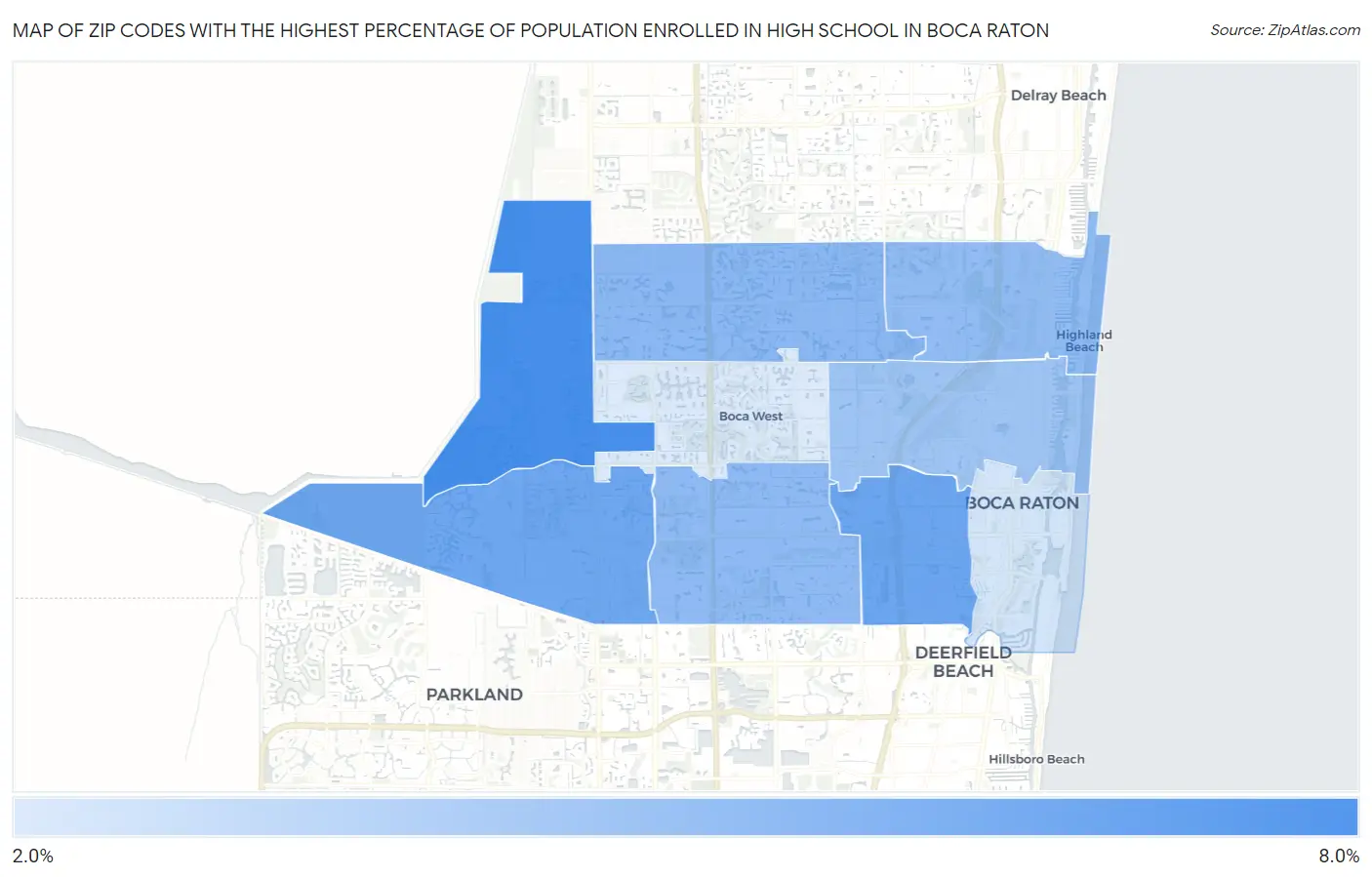 Zip Codes with the Highest Percentage of Population Enrolled in High School in Boca Raton Map