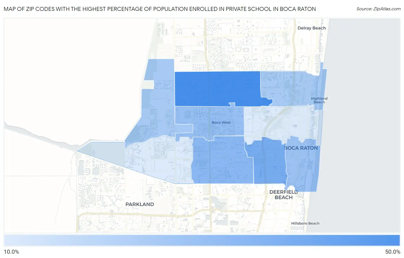 Zip Codes with the Highest Percentage of Population Enrolled in Private School in Boca Raton Map