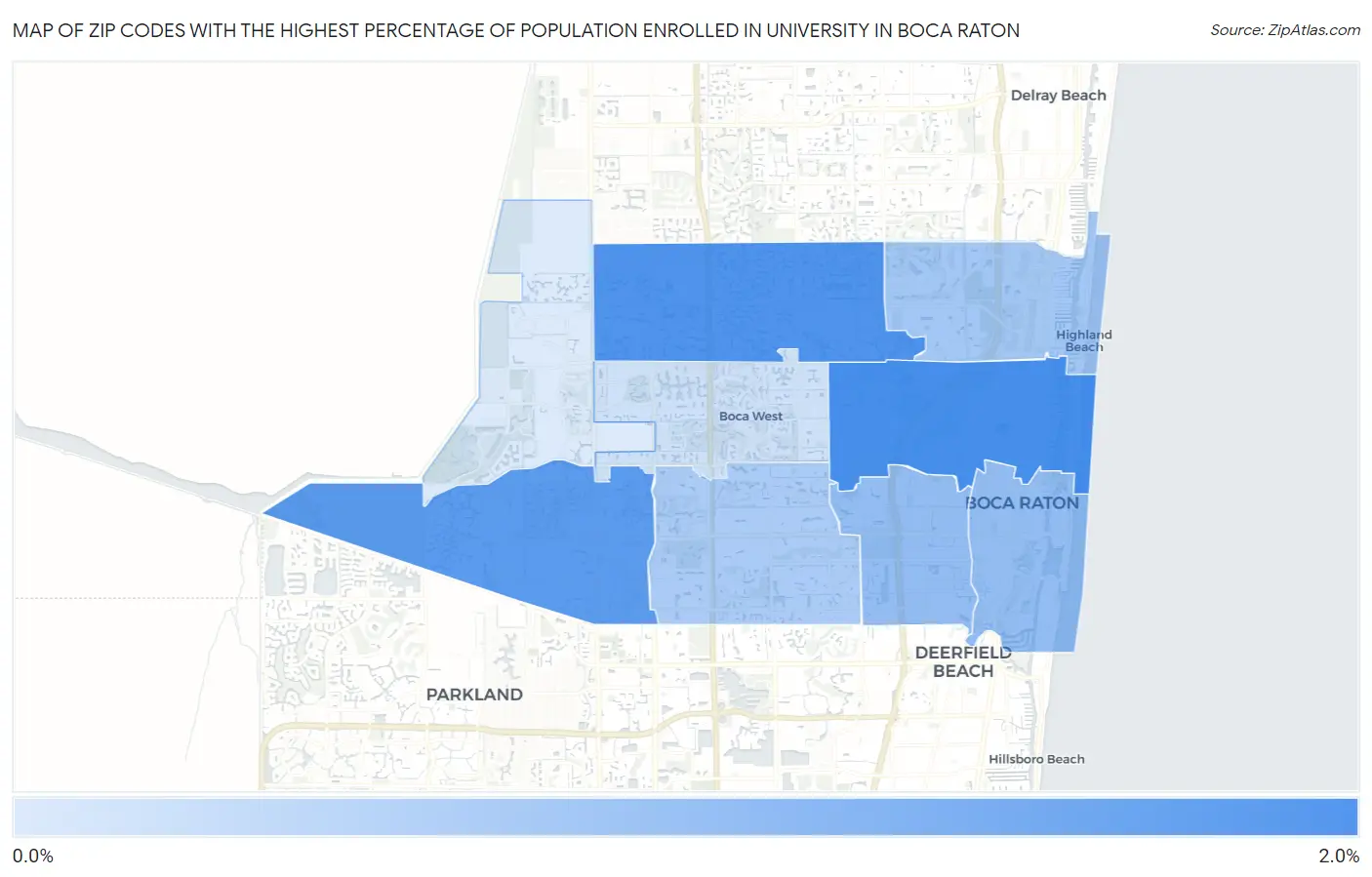 Zip Codes with the Highest Percentage of Population Enrolled in University in Boca Raton Map