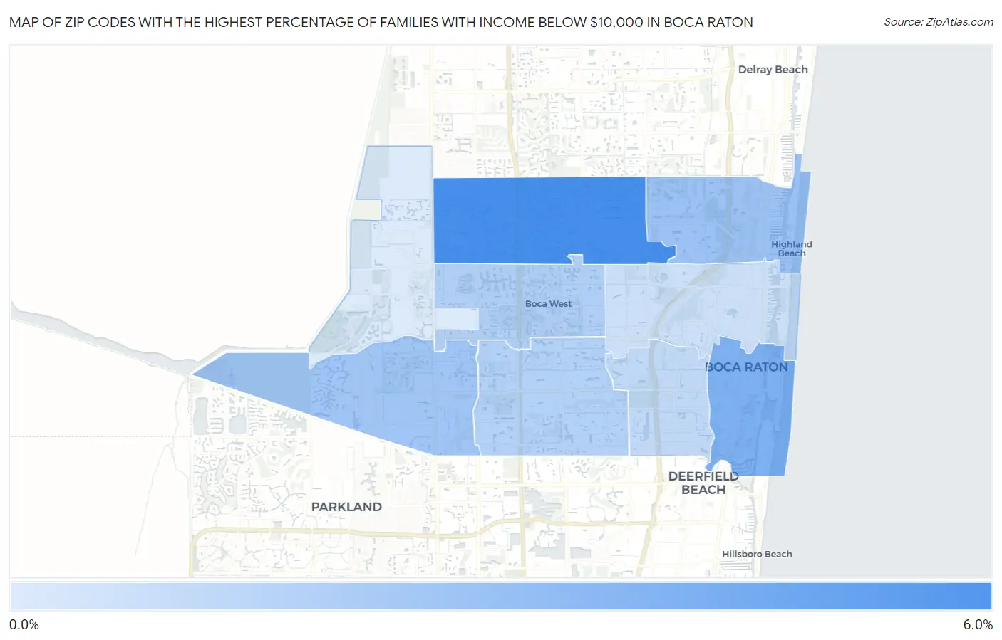 Zip Codes with the Highest Percentage of Families with Income Below $10,000 in Boca Raton Map