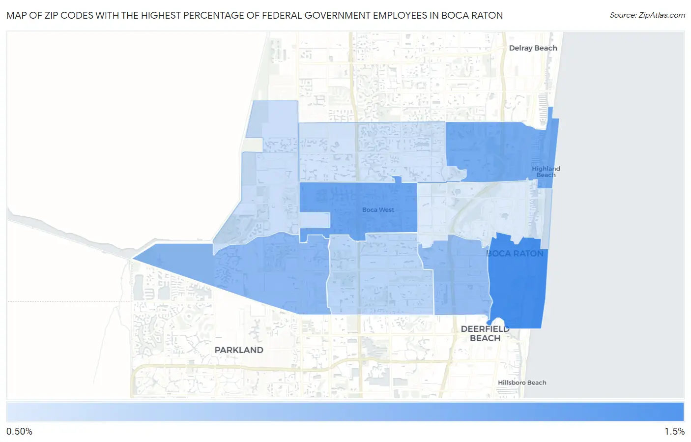 Zip Codes with the Highest Percentage of Federal Government Employees in Boca Raton Map
