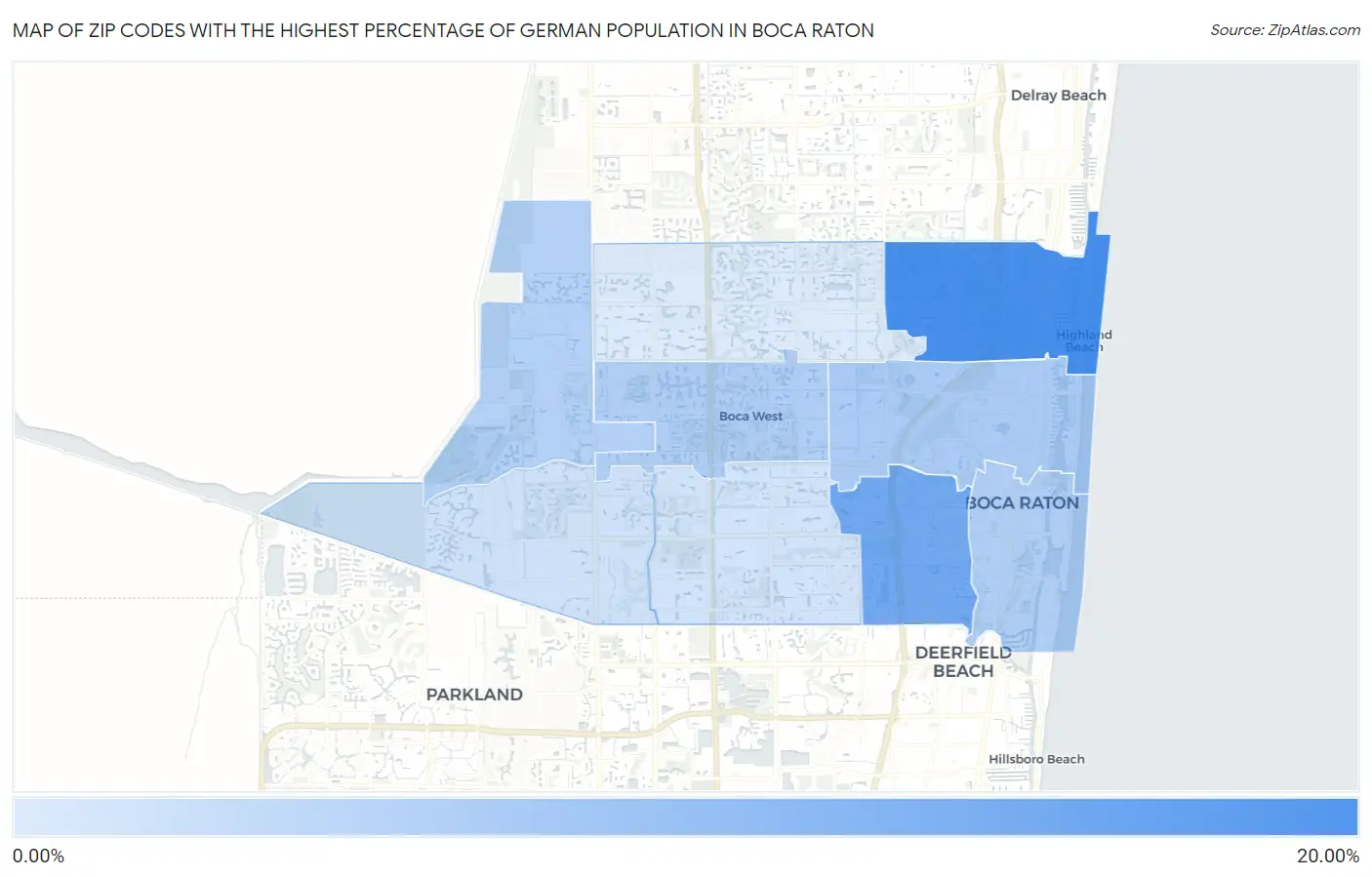 Zip Codes with the Highest Percentage of German Population in Boca Raton Map