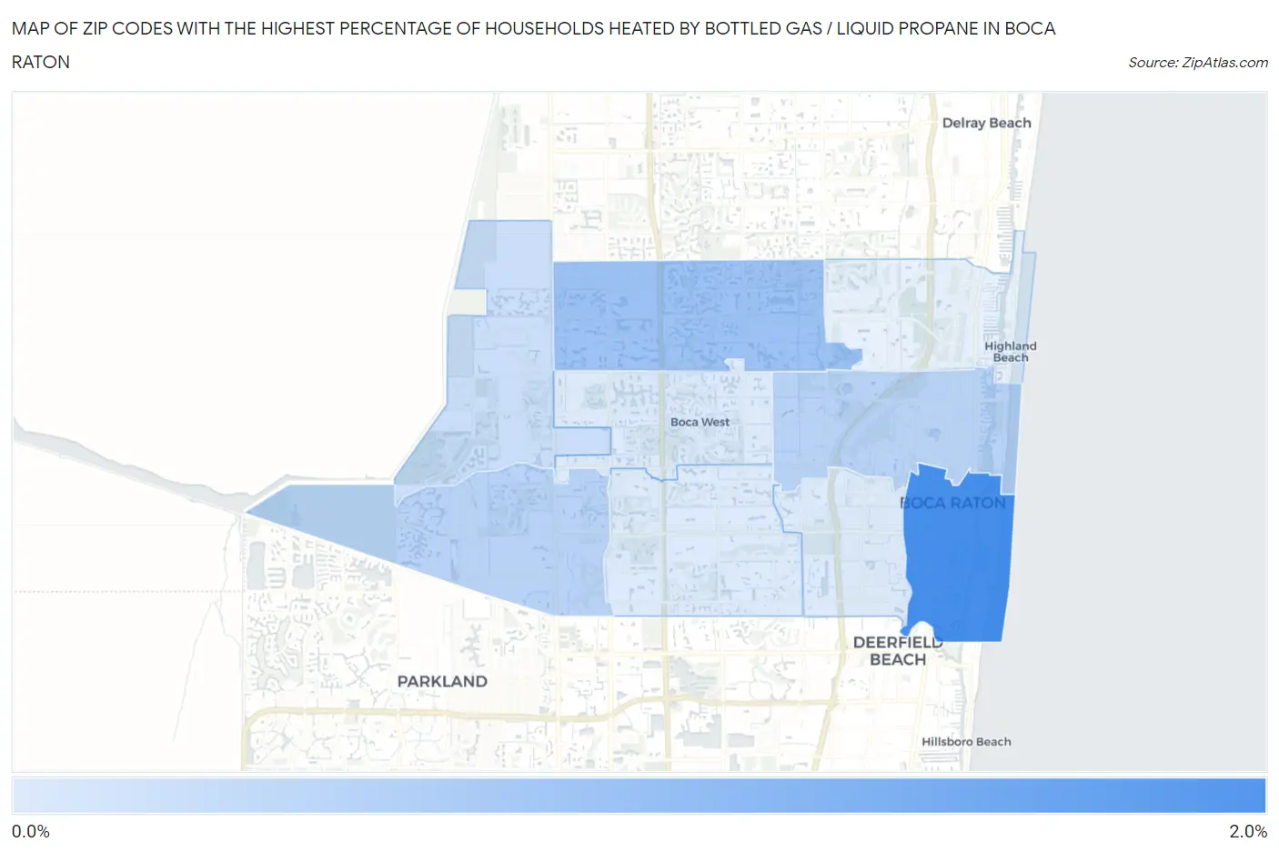 Zip Codes with the Highest Percentage of Households Heated by Bottled Gas / Liquid Propane in Boca Raton Map