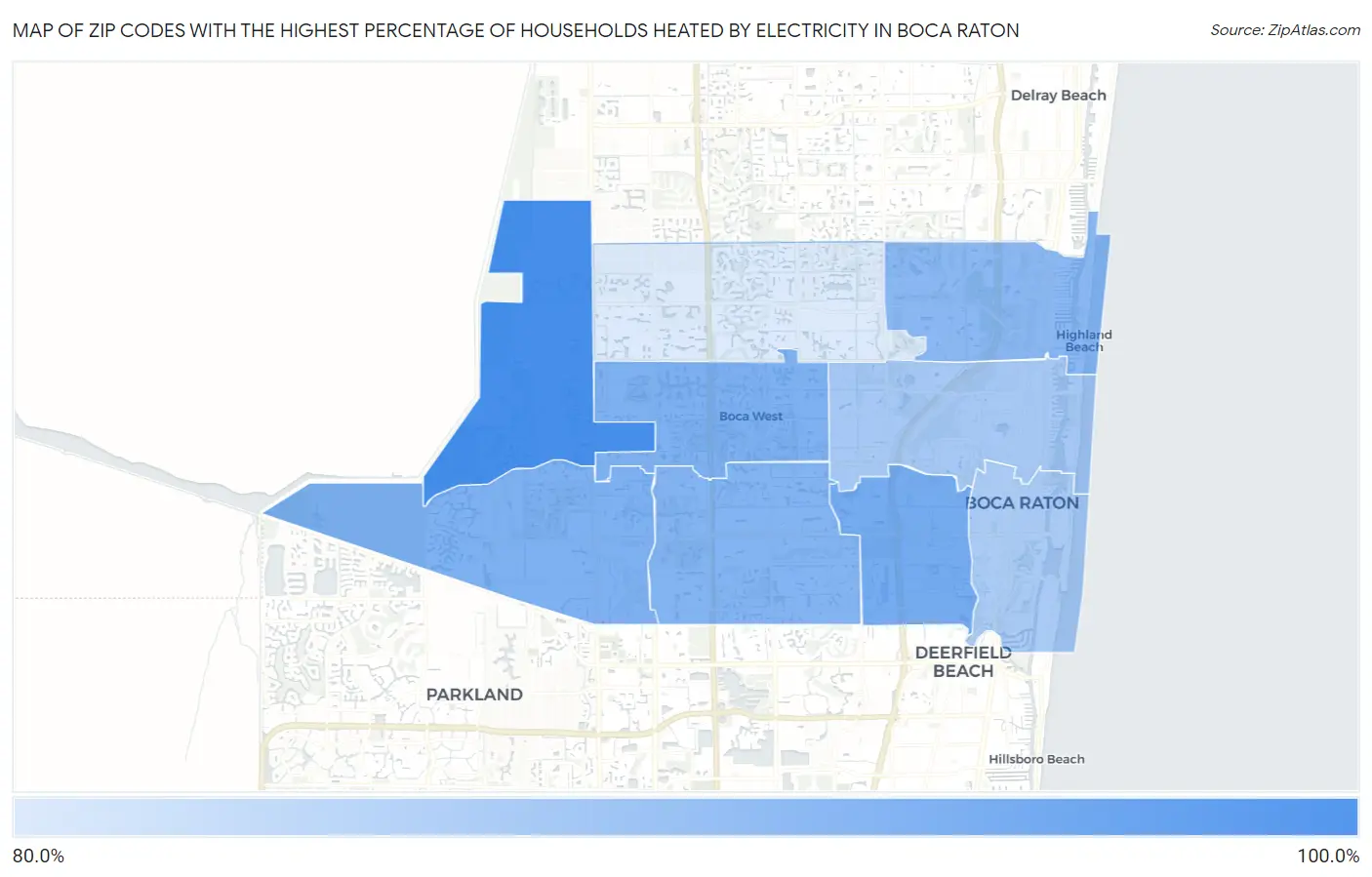 Zip Codes with the Highest Percentage of Households Heated by Electricity in Boca Raton Map