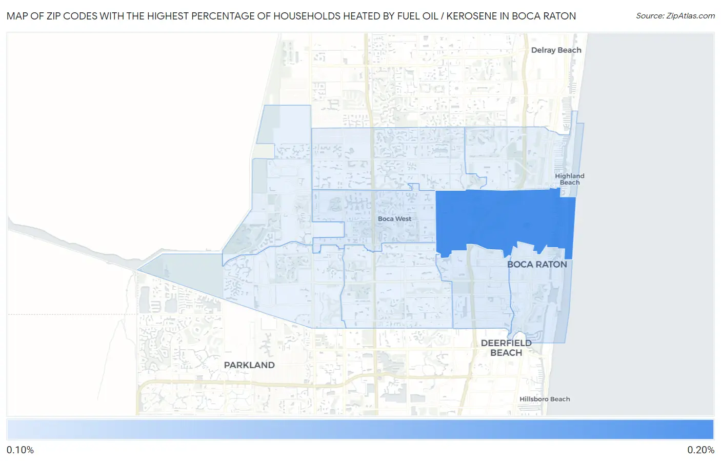 Zip Codes with the Highest Percentage of Households Heated by Fuel Oil / Kerosene in Boca Raton Map