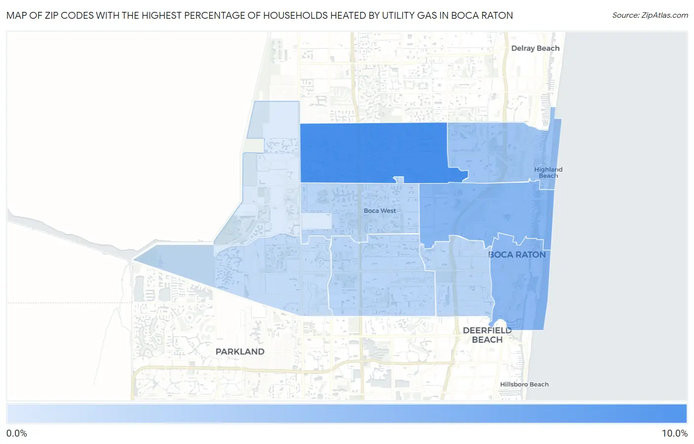 Zip Codes with the Highest Percentage of Households Heated by Utility Gas in Boca Raton Map