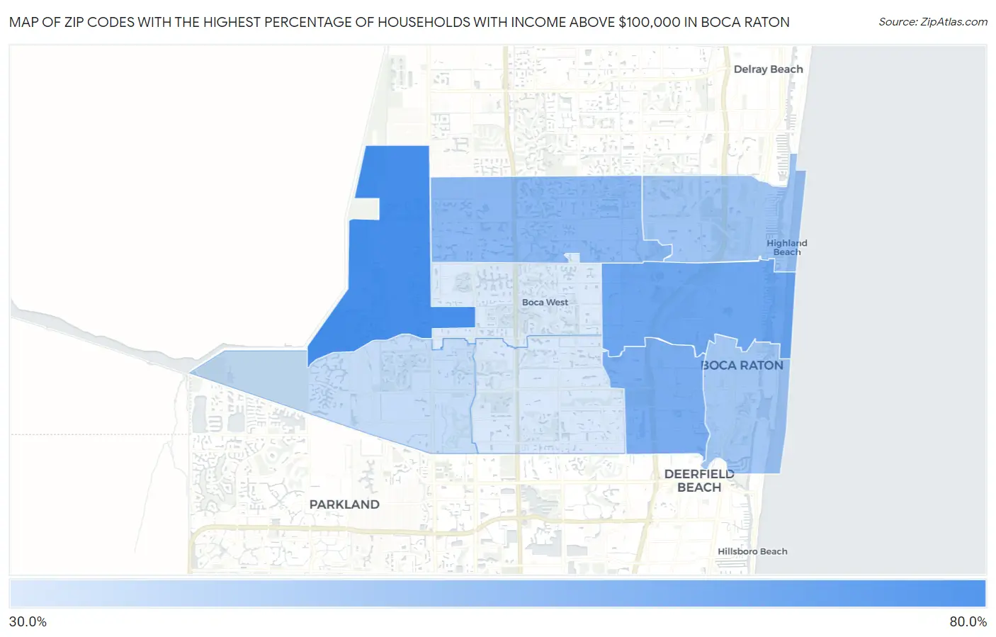 Zip Codes with the Highest Percentage of Households with Income Above $100,000 in Boca Raton Map