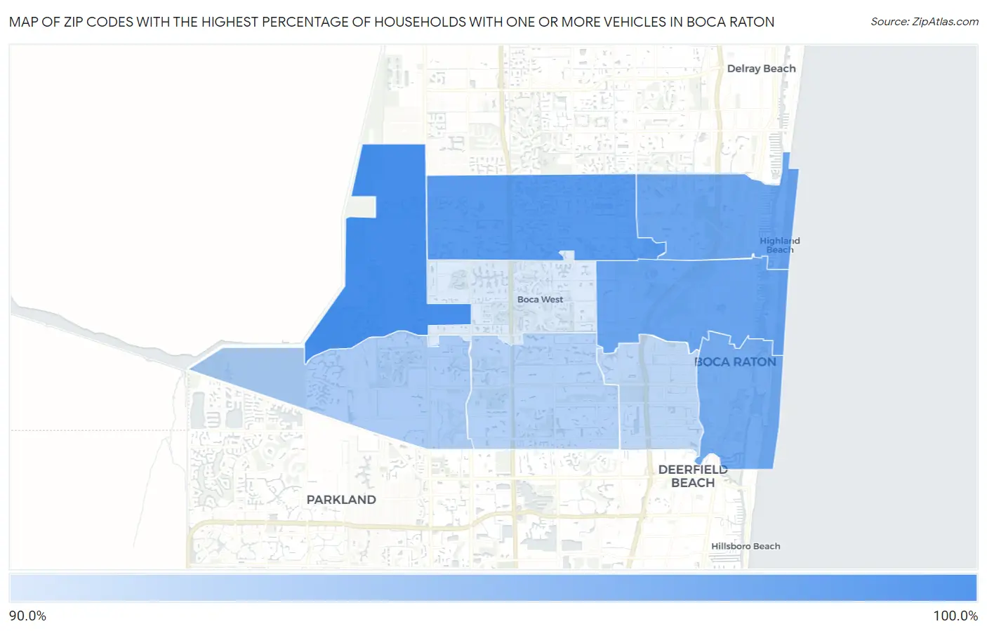 Zip Codes with the Highest Percentage of Households With One or more Vehicles in Boca Raton Map