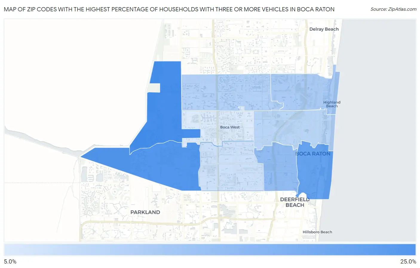 Zip Codes with the Highest Percentage of Households With Three or more Vehicles in Boca Raton Map