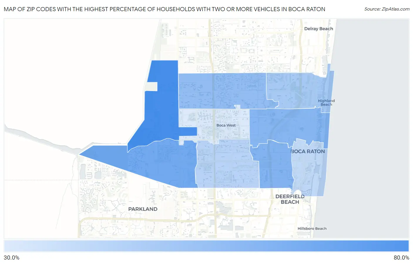 Zip Codes with the Highest Percentage of Households With Two or more Vehicles in Boca Raton Map