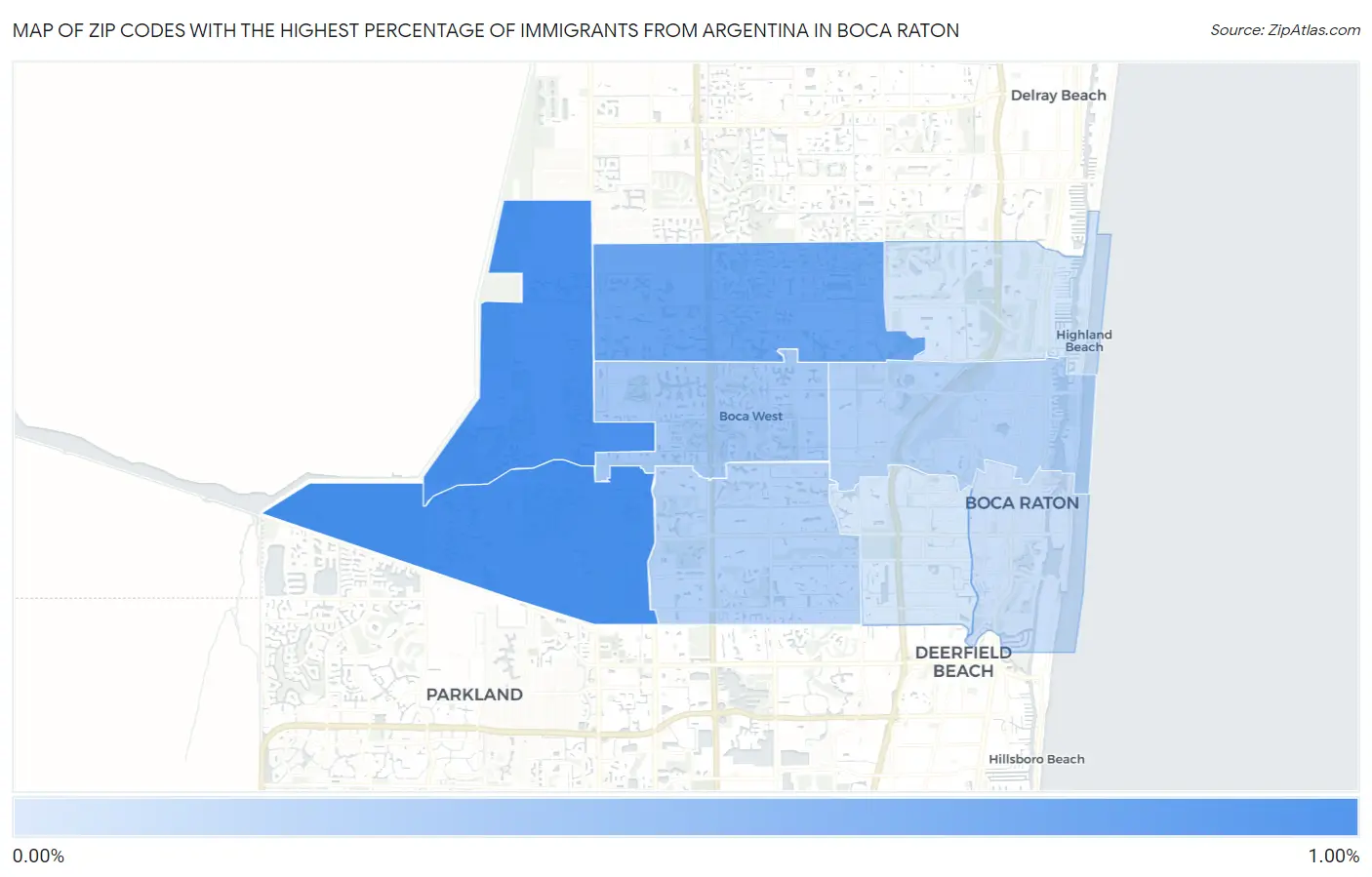 Zip Codes with the Highest Percentage of Immigrants from Argentina in Boca Raton Map