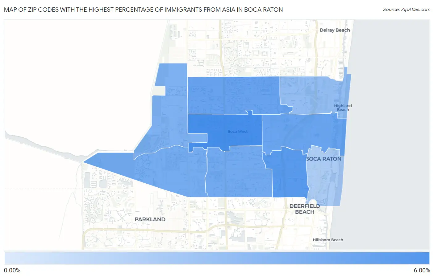 Zip Codes with the Highest Percentage of Immigrants from Asia in Boca Raton Map