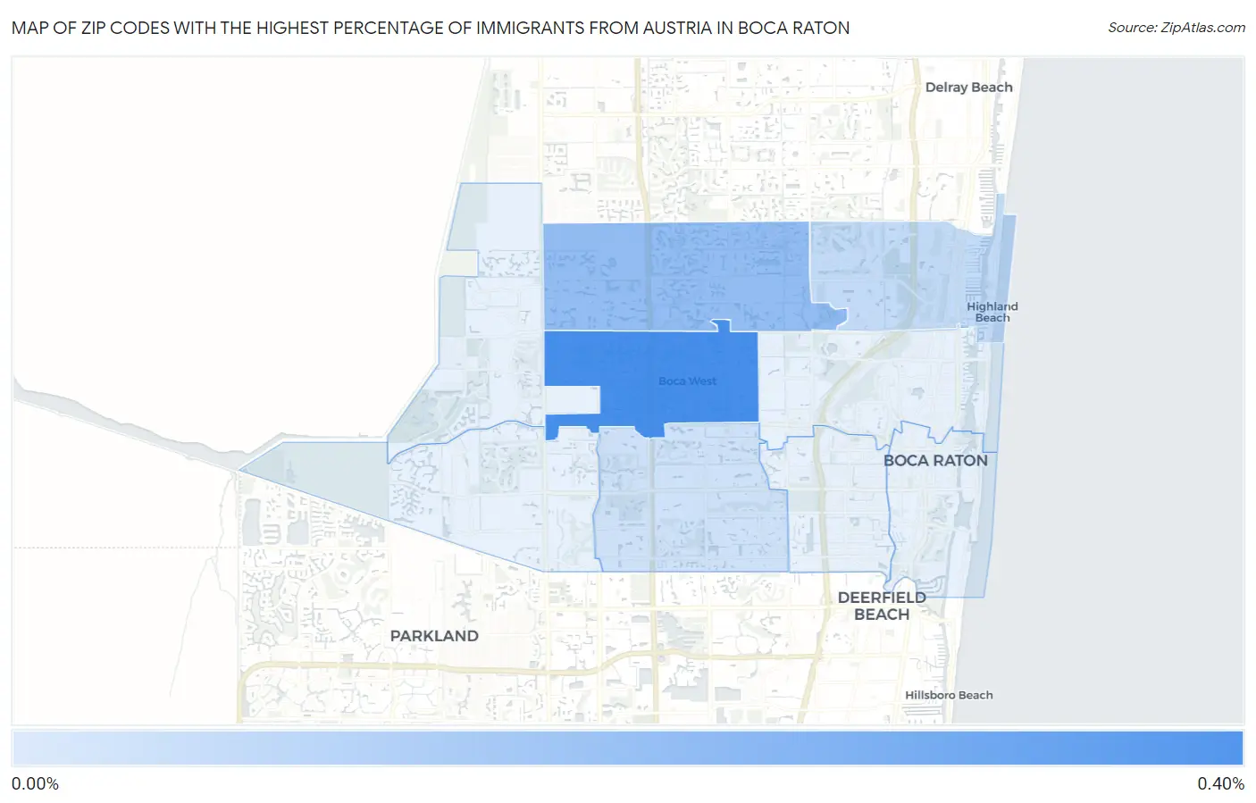 Zip Codes with the Highest Percentage of Immigrants from Austria in Boca Raton Map