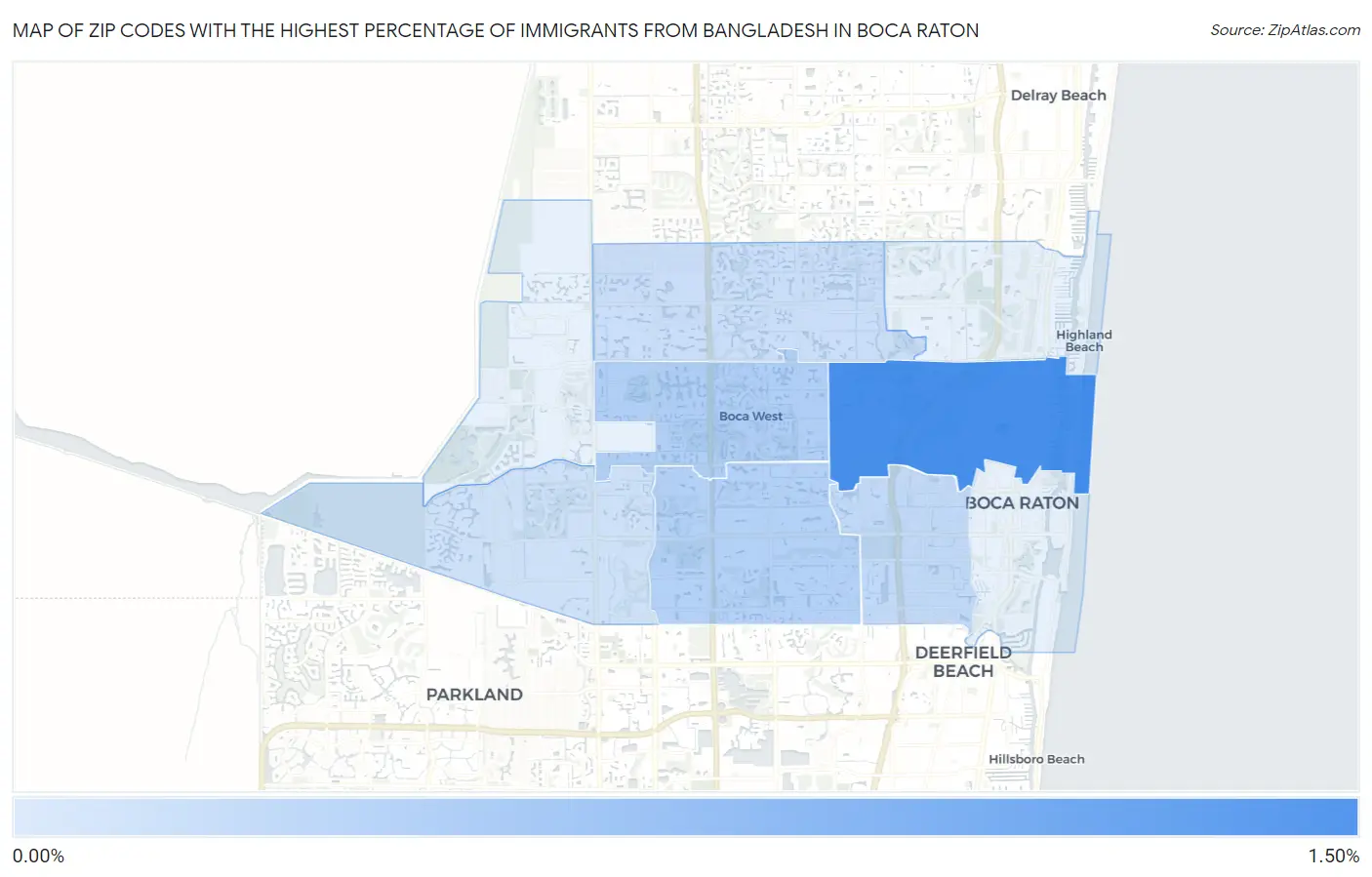 Zip Codes with the Highest Percentage of Immigrants from Bangladesh in Boca Raton Map