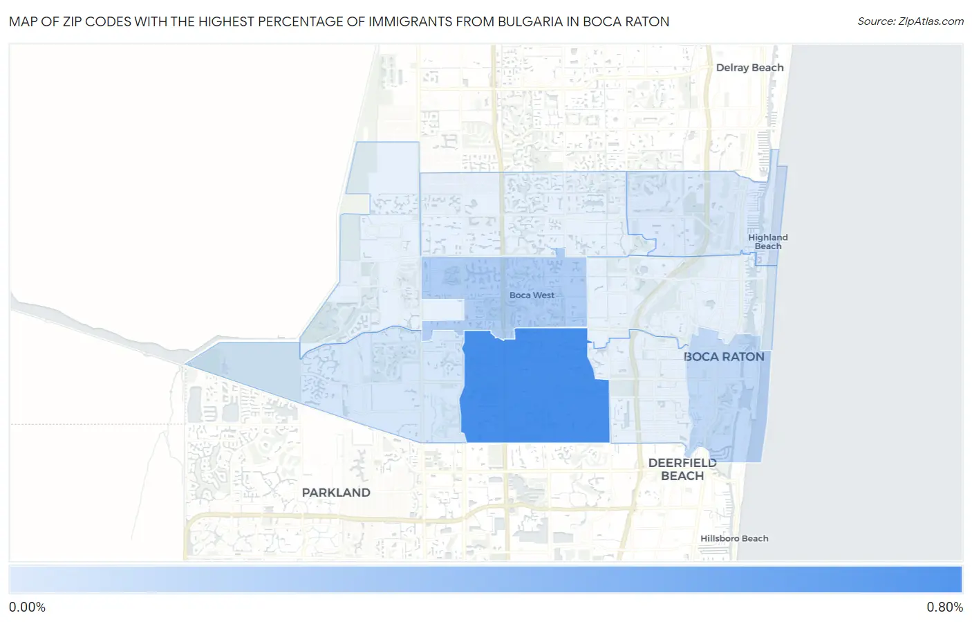 Zip Codes with the Highest Percentage of Immigrants from Bulgaria in Boca Raton Map