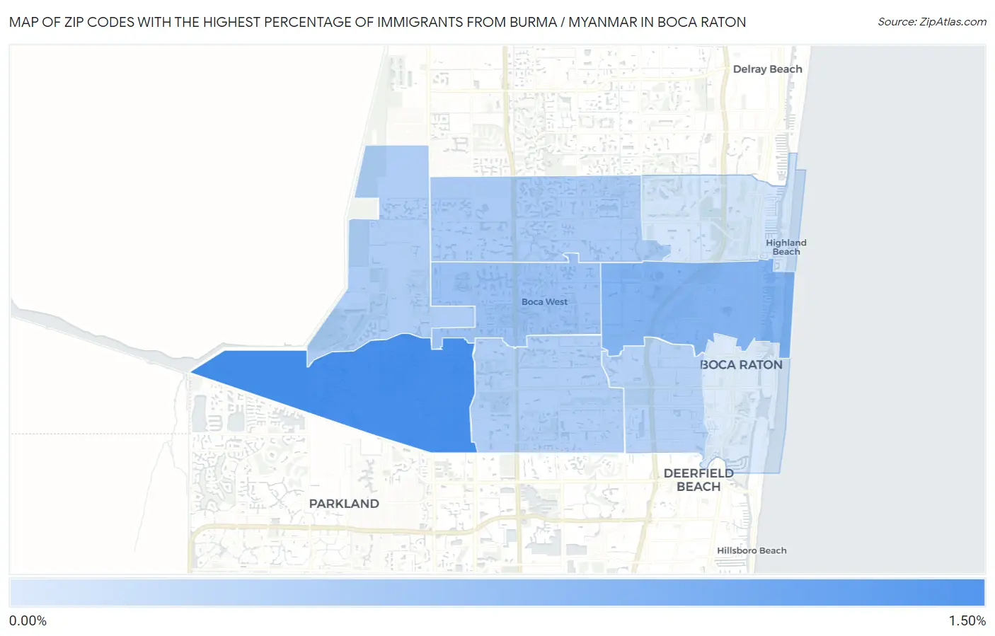 Zip Codes with the Highest Percentage of Immigrants from Burma / Myanmar in Boca Raton Map