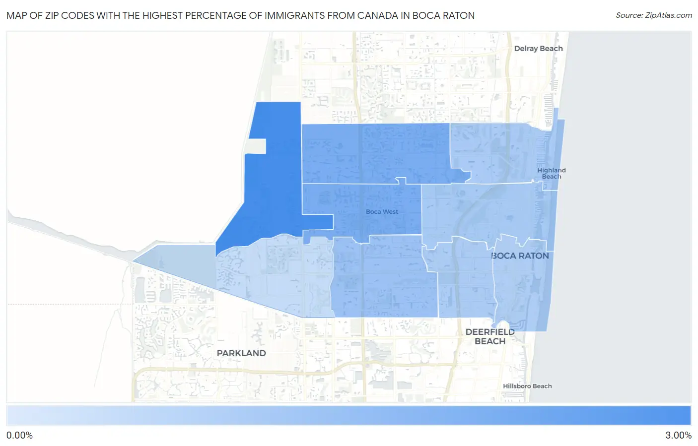 Zip Codes with the Highest Percentage of Immigrants from Canada in Boca Raton Map