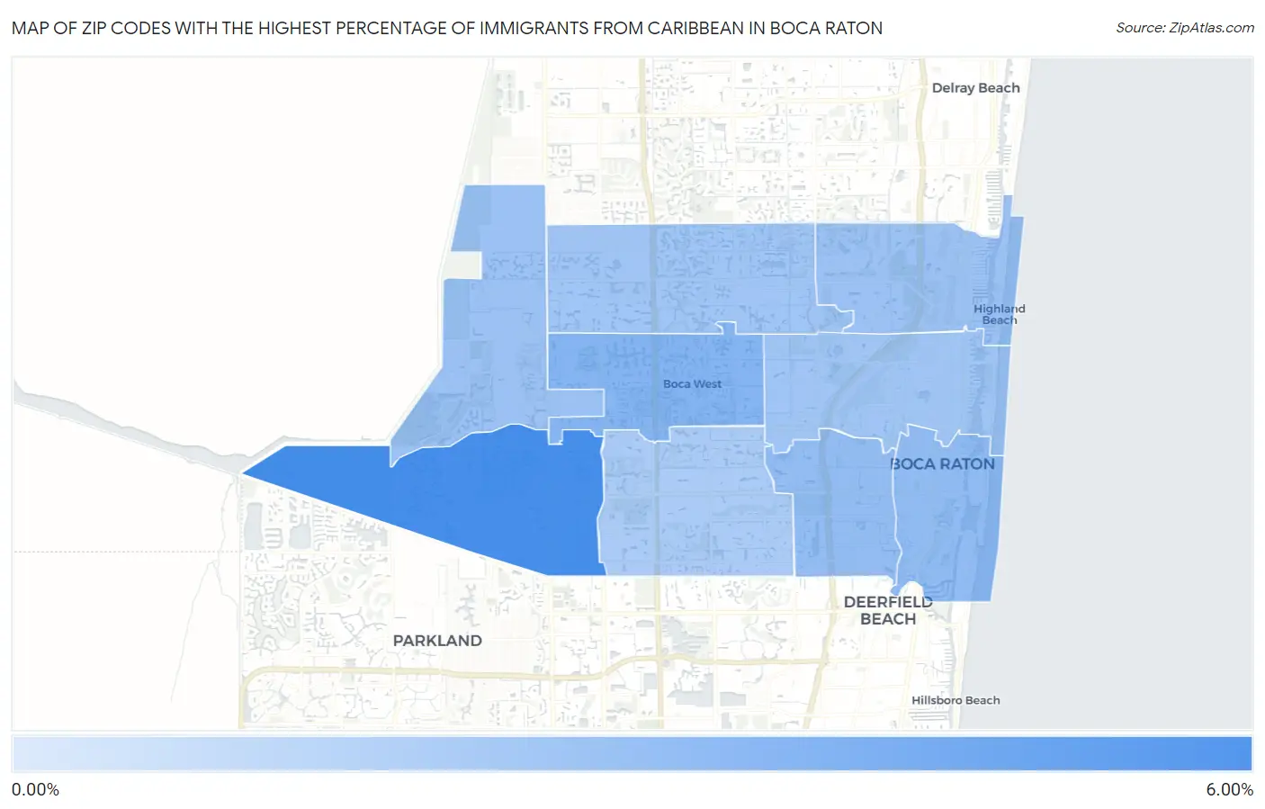 Zip Codes with the Highest Percentage of Immigrants from Caribbean in Boca Raton Map