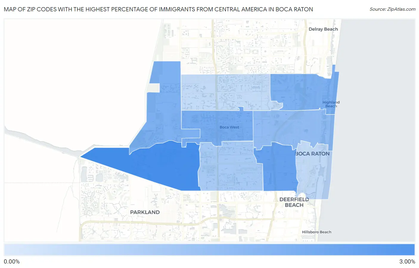 Zip Codes with the Highest Percentage of Immigrants from Central America in Boca Raton Map