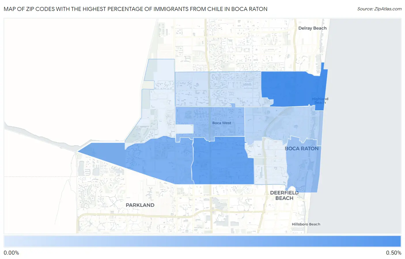 Zip Codes with the Highest Percentage of Immigrants from Chile in Boca Raton Map