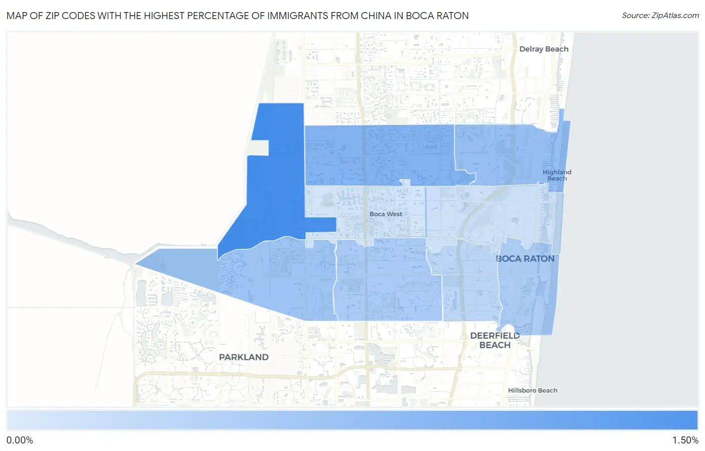Zip Codes with the Highest Percentage of Immigrants from China in Boca Raton Map