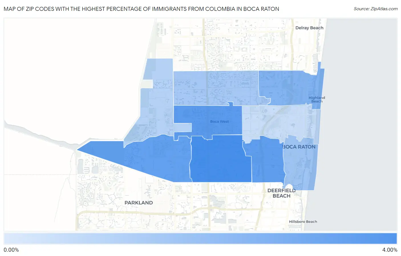 Zip Codes with the Highest Percentage of Immigrants from Colombia in Boca Raton Map