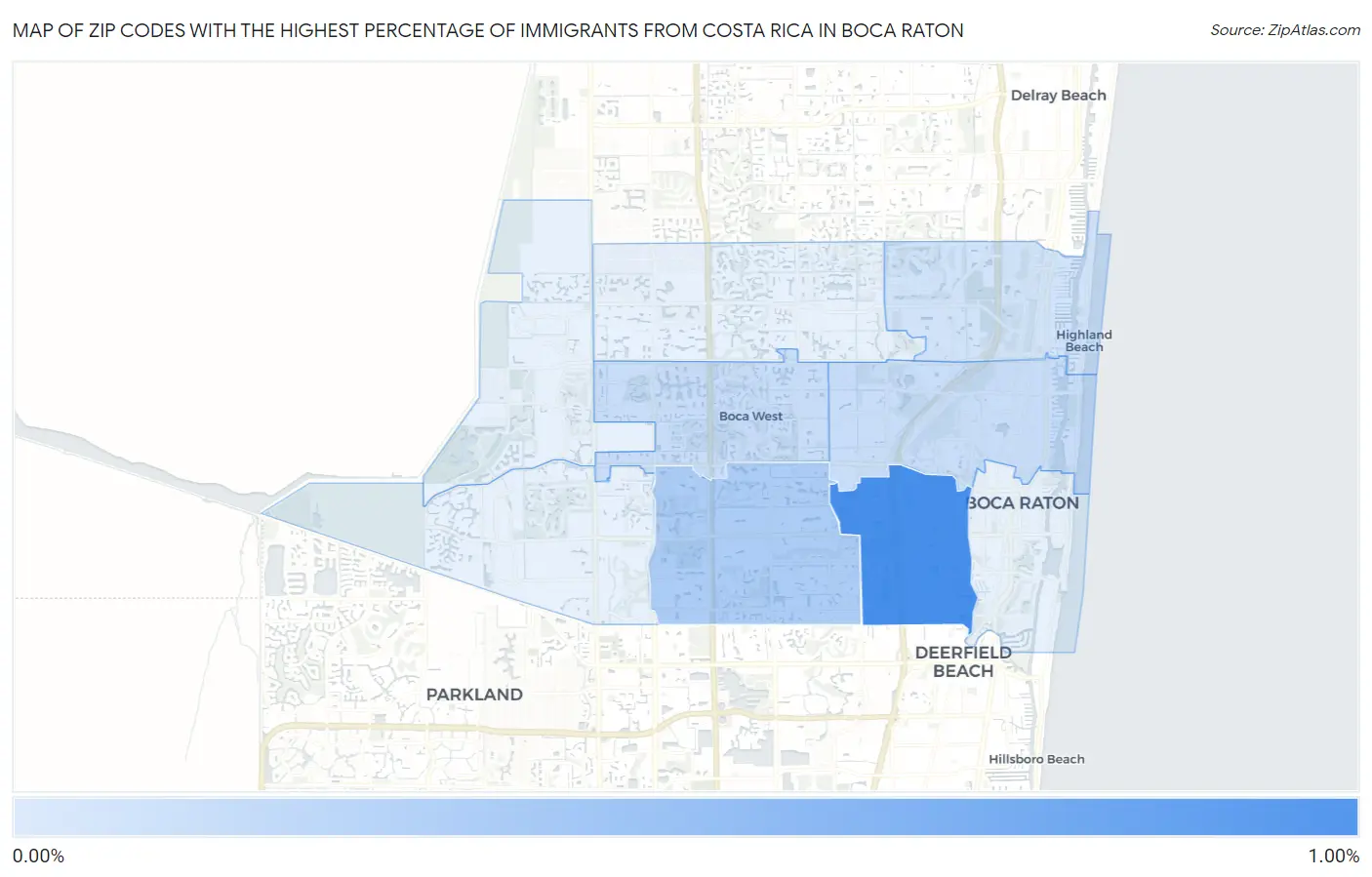 Zip Codes with the Highest Percentage of Immigrants from Costa Rica in Boca Raton Map
