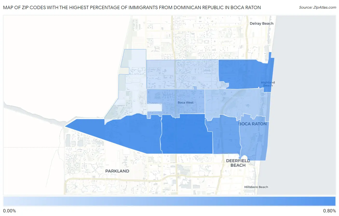 Zip Codes with the Highest Percentage of Immigrants from Dominican Republic in Boca Raton Map