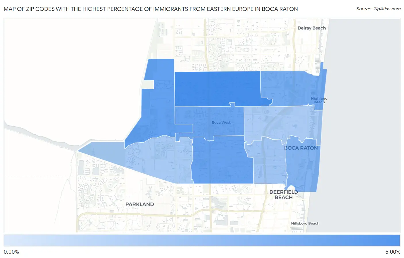 Zip Codes with the Highest Percentage of Immigrants from Eastern Europe in Boca Raton Map