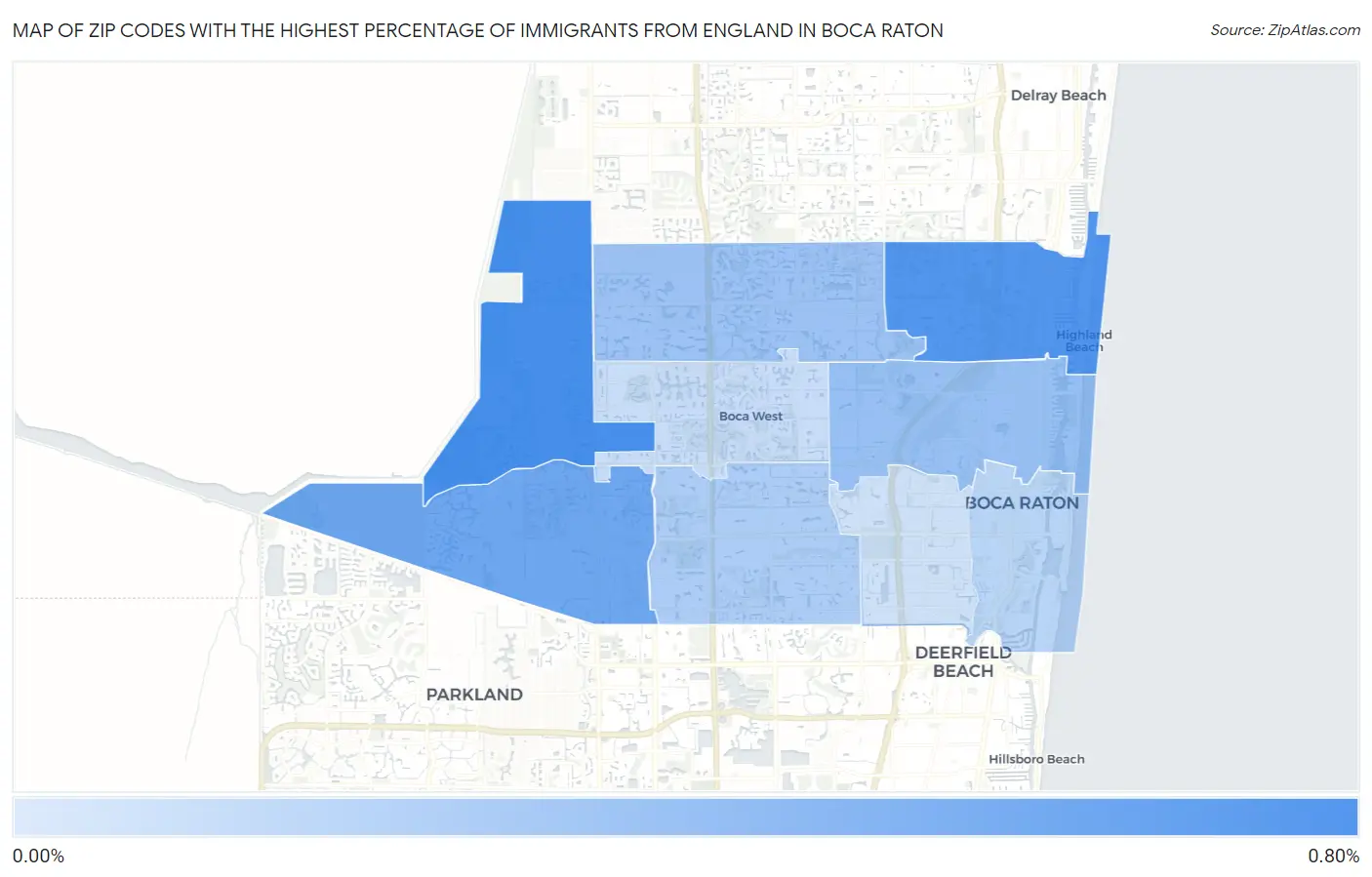 Zip Codes with the Highest Percentage of Immigrants from England in Boca Raton Map