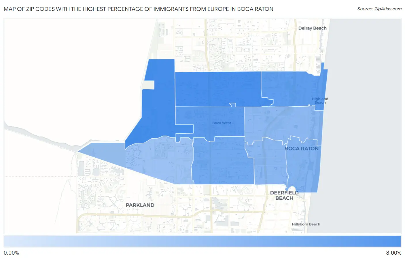 Zip Codes with the Highest Percentage of Immigrants from Europe in Boca Raton Map