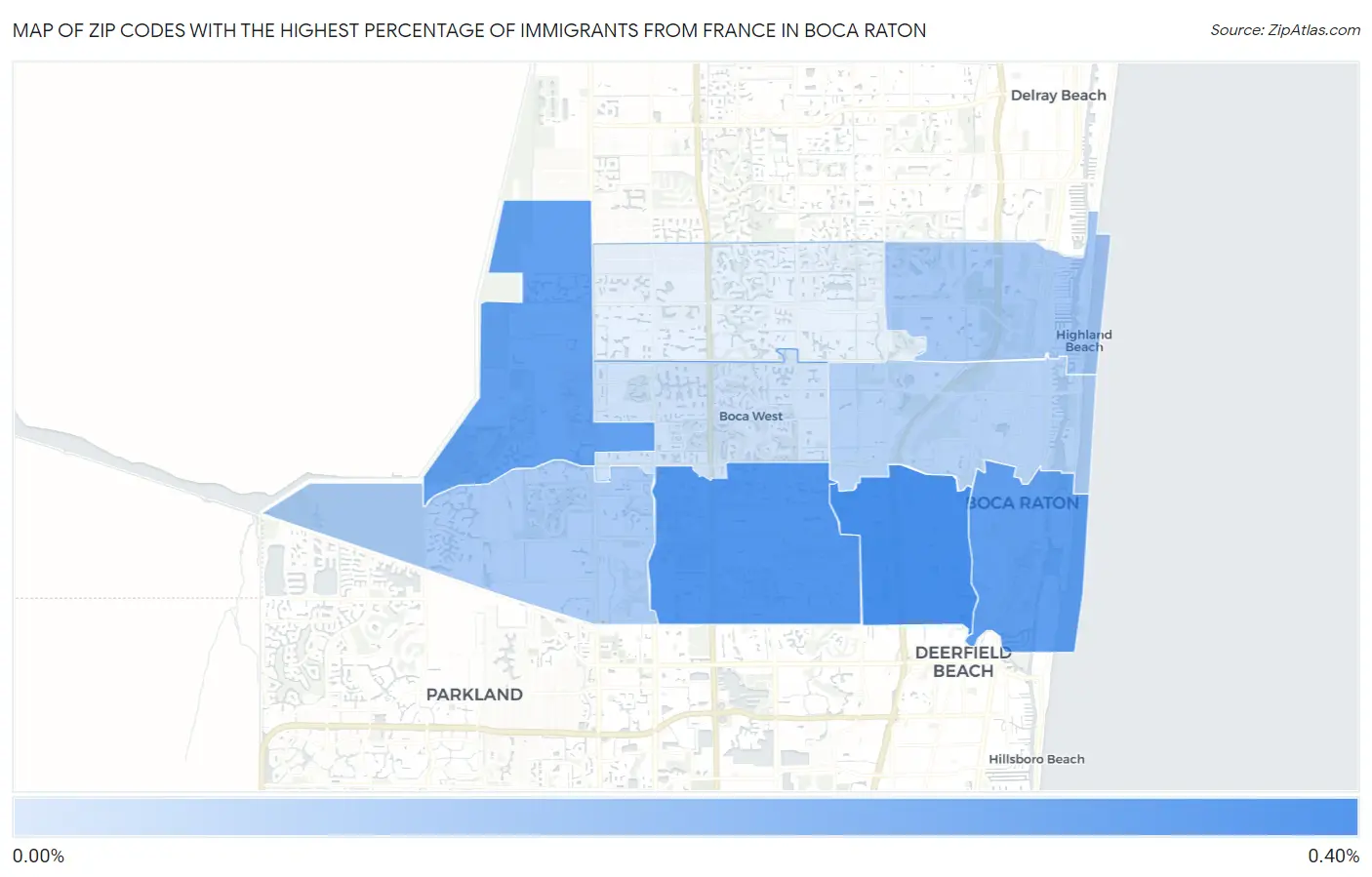 Zip Codes with the Highest Percentage of Immigrants from France in Boca Raton Map
