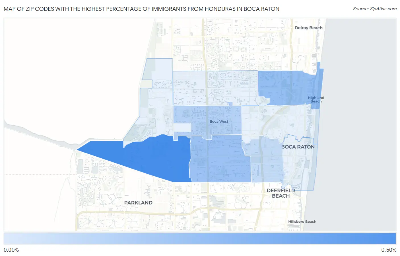 Zip Codes with the Highest Percentage of Immigrants from Honduras in Boca Raton Map
